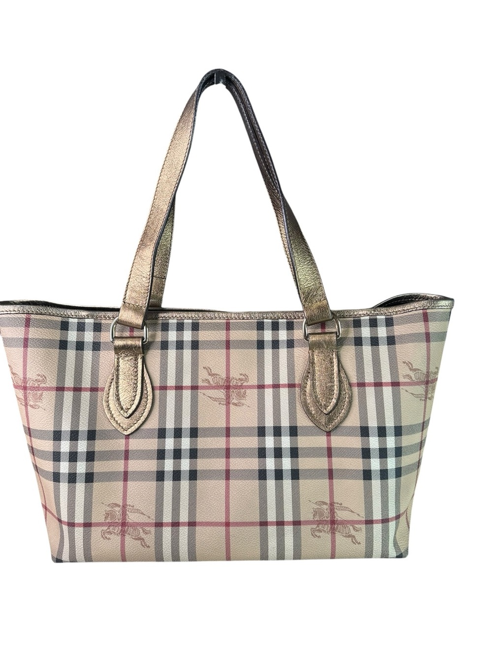 Burberry Beige Plaid Tote with Metallic Gold Handles